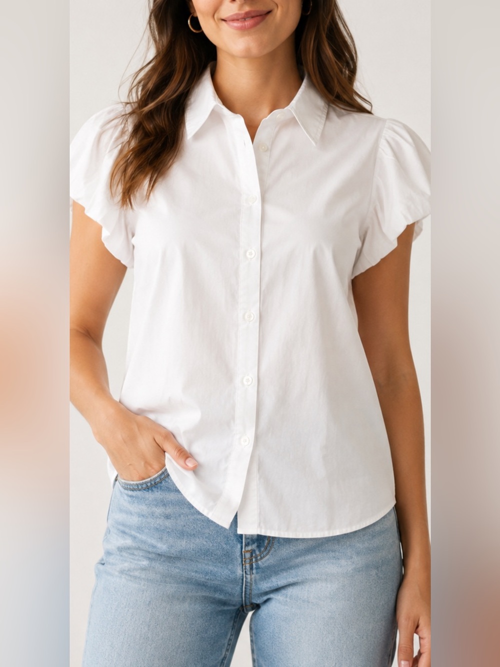 J.Crew Womenโs Size L White Cotton Blend Puff Sleeve Button-Up Shirt NWT